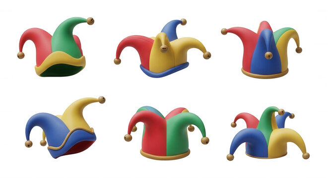 colorful jester hats arranged on white fun comedy entertainment concepts design  celebration themes