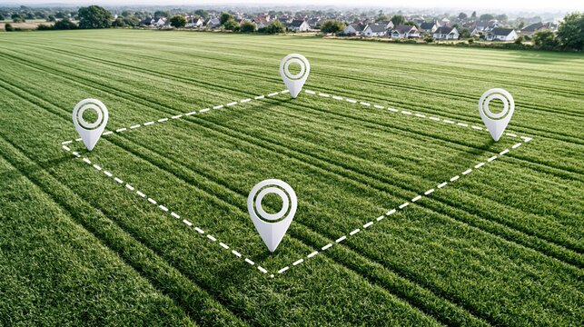 Drone aerial view of a marked agricultural field with GPS location pins, signifying land survey and development planning.