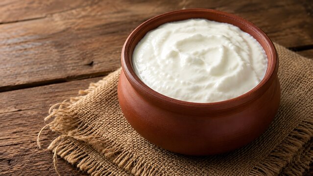 Fresh, thick curd rests beautifully in a traditional earthenware pot, placed on a rustic burlap mat over a textured wooden surface.