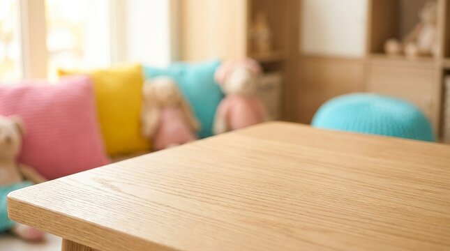 Empty Wooden Table in Blurred Children Nursery Background for Product Placement