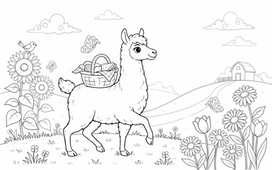 Naklejka premium A cute llama carrying a picnic basket walks through a sunny meadow with sunflowers, daisies, and a farmhouse in the distance, coloring page