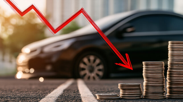 Car market decline: A red arrow graphic symbolising decline points downwards towards a parked car and stacked coins, indicating a decrease in the automotive market and financial loss.