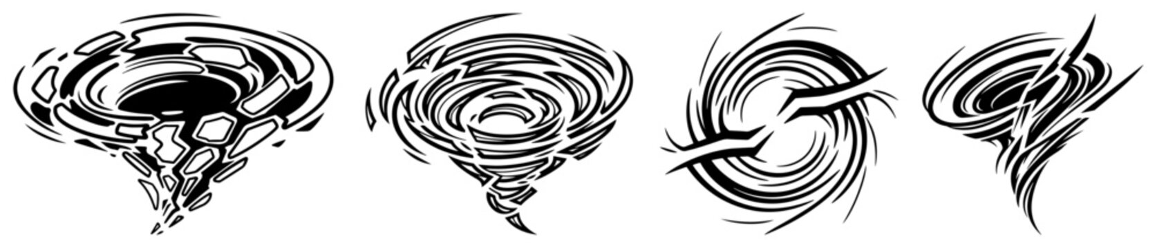 Tornado vortexes and swirling storm cyclones in dynamic graphic style