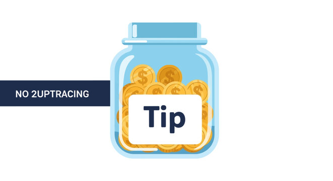 Flat Vector Illustration of a Glass Tip Jar Filled with Gold Dollar Coins Isolated on White Background