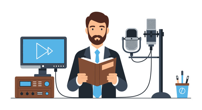 Professional Voice Over Artist Recording Audiobook or Podcast in Studio Illustration - Man Reading Book for Digital Narration and Audio Production Concept