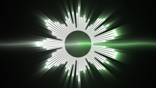 Audio visualizer spectrum analyzer displaying dynamic sound waves and pulsating circular equalizer bars on a dark background, perfect for music, podcast, or event promotion.