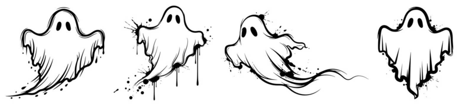 Spooky ghost characters with ink splatters and dripping paint in urban street art style