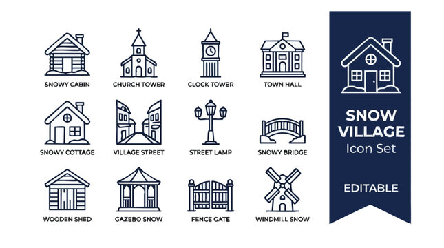 Charming Pixel Art Snow Village Icon Set Featuring Houses Churches and Windmill Editable Vector Graphics