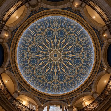 Ornate Ceiling Dome Architecture, Intricate Gold Filigree Pattern on Blue