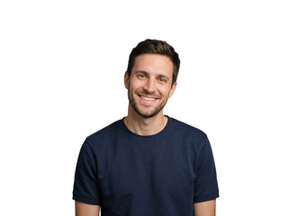 Obraz premium Smiling Caucasian young man portrait wearing navy t-shirt