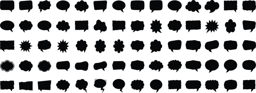 Black textured speech bubbles, blank chat balloons in various shapes. Comic cloud bubble silhouette, empty dialog balloon, outline conversation message icon vector set.