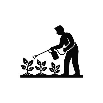 Farmer spraying vegetable garden with pesticide vector