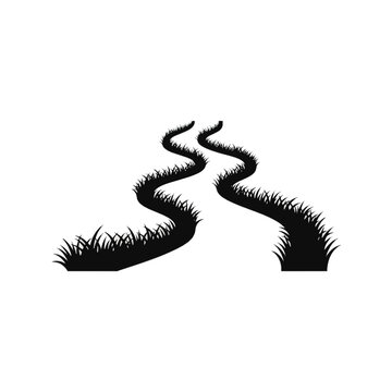 Winding garden path with ornamental grass borders, black silhouette