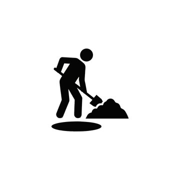 Vector illustration of person digging with shovel and dirt pile