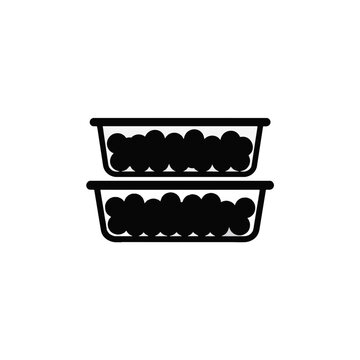Stack of plastic containers with frozen berries, black silhouette