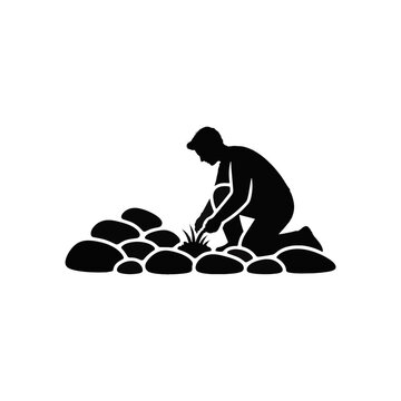 Vector illustration of person weeding a rock garden