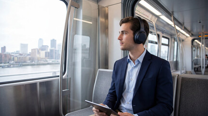 Fototapeta premium Young professional on metro commute with tablet and headphones