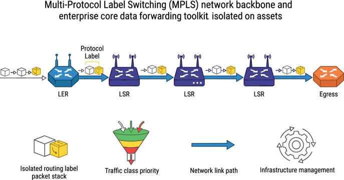 Multi-Protocol Label Switching MPLS Network Backbone Vector Illustration with Enterprise Core Data Forwarding Toolkit Routers, Traffic Class Priority Funnel, and Infrastructure Management Gear