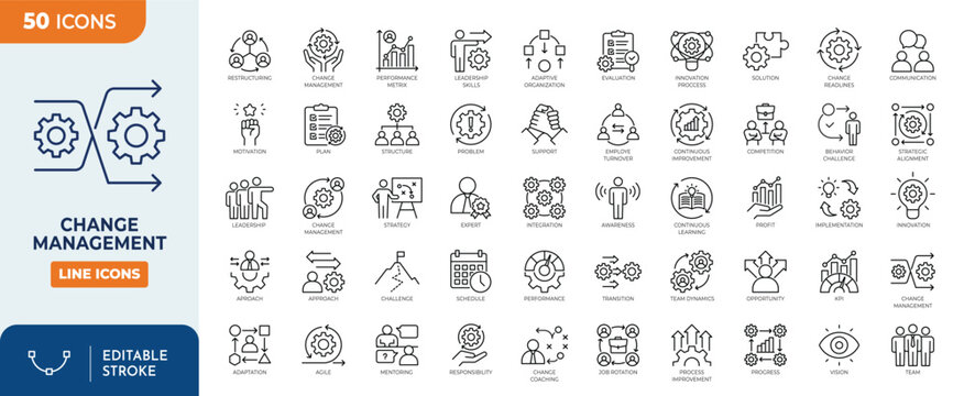 Change Management line editable icon set. Containing management, transition, adaptation, planning, leadership, strategy, teamwork, business, implement, and more. Editable stroke. Vector illustration