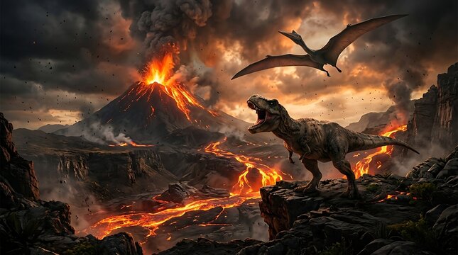 T-rex and pterodactyl near erupting volcano with lava