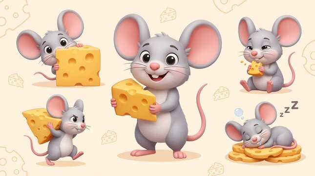 3D Cartoon Cute Mouse Character Set Big Ears Swiss Cheese Poses Vector