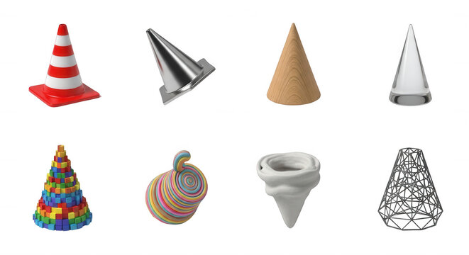 various stylized cone shapes casting shadows on a white background abstract concepts for design use