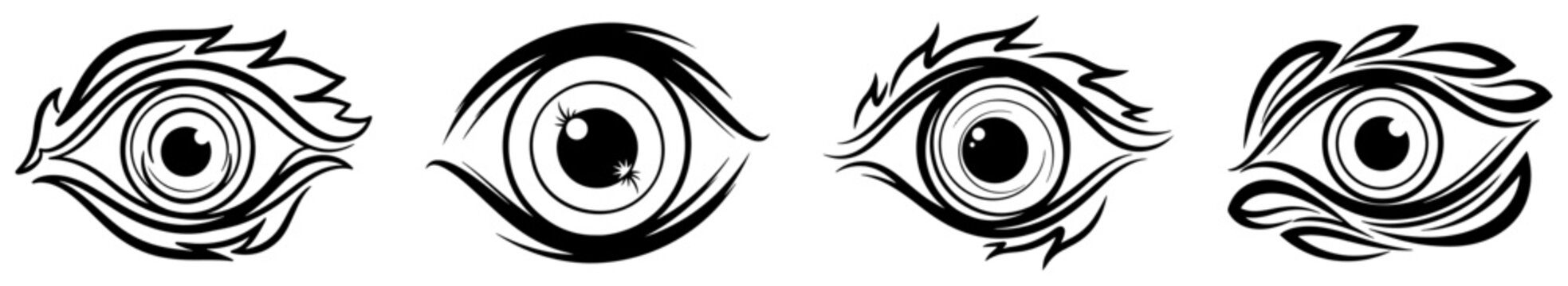 Mystic eye symbols with tribal patterns and sharp pupils in abstract tattoo style