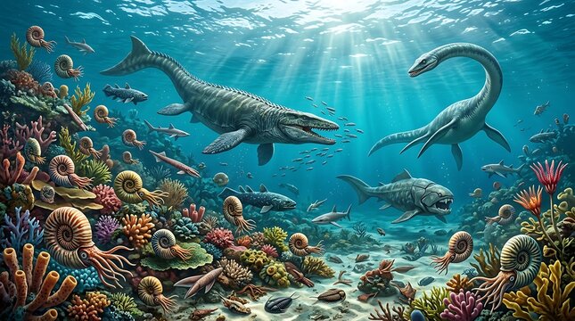 Prehistoric sea creatures swimming in a colorful ocean reef