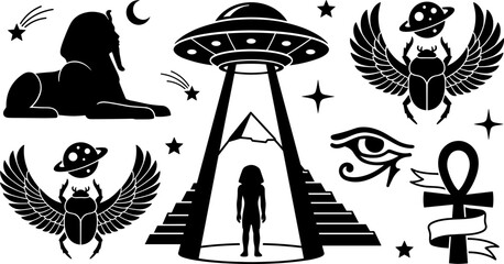 Ancient Astronaut Theory Egyptian Alien Silhouette Icon Set Featuring UFO Abduction over Pyramid, Winged Scarab holding Saturn Planet, Sphinx, and Eye of Horus © Mdsumon