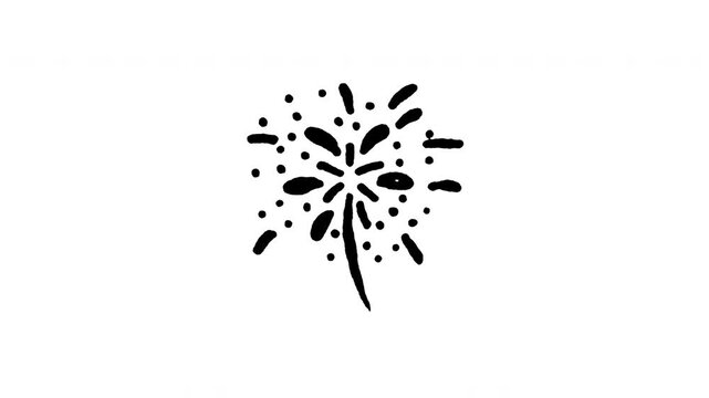 Animated 4K single firework spark doodle icon. White hand drawn line art on black and green screen backgrounds for pyrotechnic burst, celebration flare, holiday sparkler, and festival party.