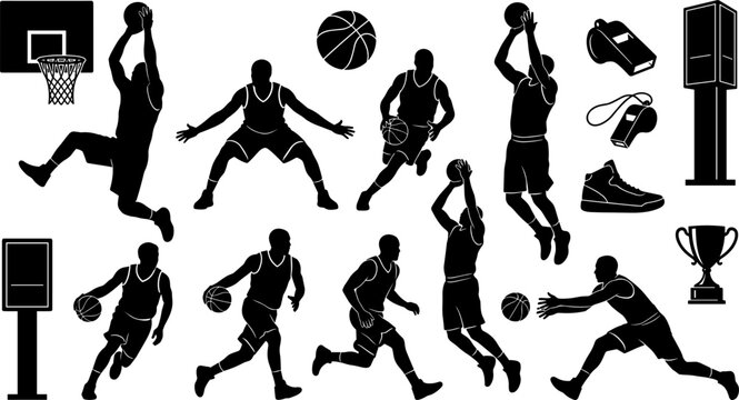 Basketball Tournament Silhouette Icon Set Featuring Professional Players Dribbling Shooting Slam Dunking Championship Backboards Whistles Sneakers And Trophy Cup Vectors