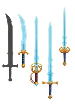 Set of Fantasy Magic Swords and Daggers with Blue Crystal Blades and Golden Hilts for Game Design and Illustration