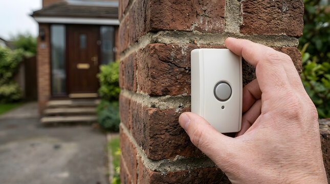 Hand mounting a white plastic wireless doorbell button on a red brick pillar at the entrance of a home.