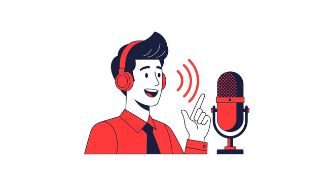 Young Male Broadcaster Podcasting with Microphone and Headphones, Flat Vector Illustration for Content Creation and Radio Streaming