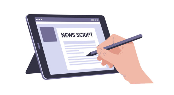 Digital Journalist Writing News Script on Tablet with Stylus Pen Illustration