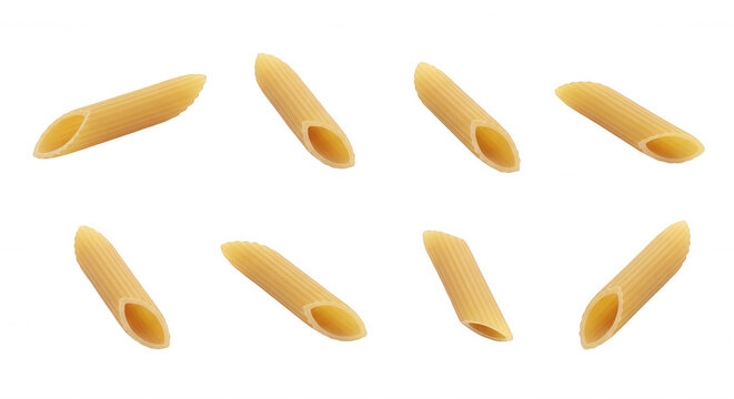 isolated penne pasta pieces on white background texture and culinary usage in food photography