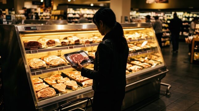 Woman inspects packaged raw beef steak in a refrigerated display case at a grocery store