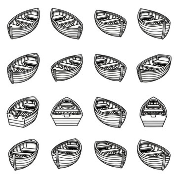 Set of wooden rowboat illustrations in different angles line art vector sketch.