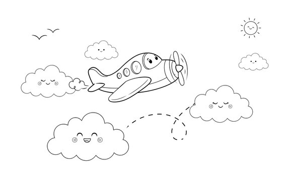 Cute cartoon airplane flying in the sky with happy clouds, coloring page for kids featuring a smiling sun, birds, and a dashed flight path