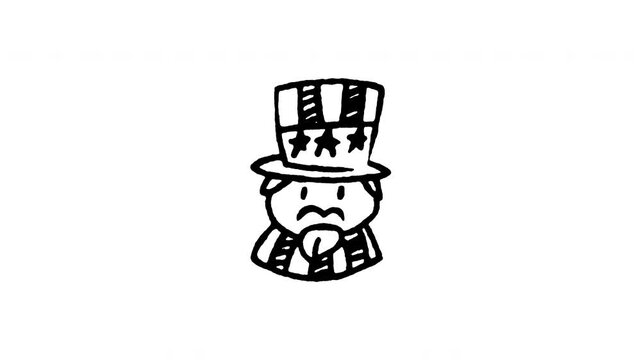 4K animated Uncle Sam cartoon doodle icon featuring boiling line motion. Frame by frame line art on black and green screen chroma key background for USA mascot, voting campaign, patriotic character.
