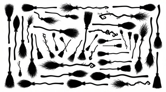 Witch broomstick silhouette collection, black magic broom icons set, spooky halloween flying broomstick elements on white background