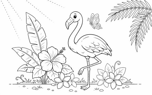 Cute flamingo standing on one leg in a tropical garden with hibiscus flowers and palm leaves, black and white line coloring page