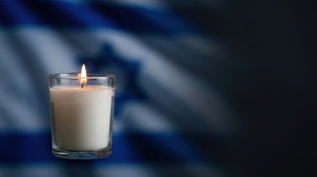 A lit white candle in a glass jar glows with a warm flame against a blurred Israeli flag