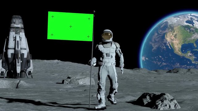 Sci-fi Lunar astronaut walks on the moon with green screen flag, placing a flag pole on the Moon surface, and salutes. You can track and add your flag with your logo. 3d rendering animation.