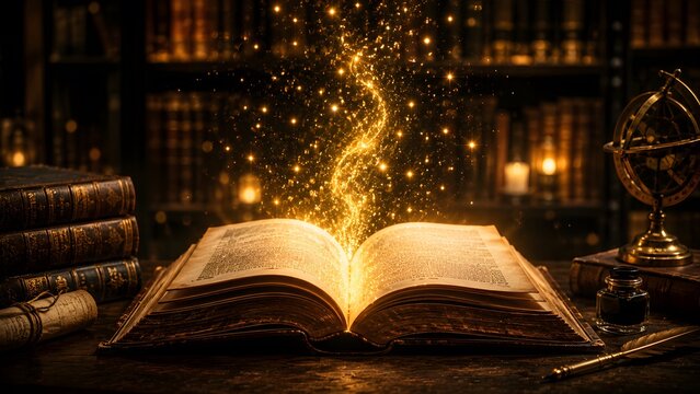 Ancient open book with magical golden light and sparkles emanating from its pages