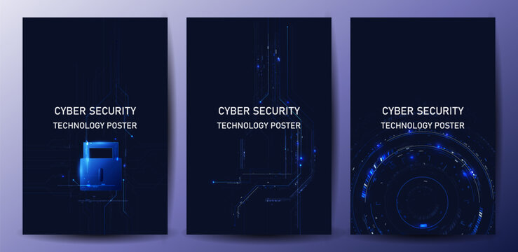 Cyber Security Technology Poster Vector With Glowing Digital Blue Circuit Template Set