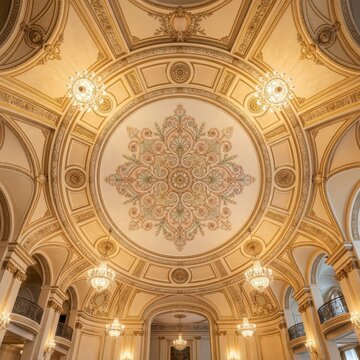 Ornate Domed Ceiling with Gold Molding, Baroque Architecture Interior with