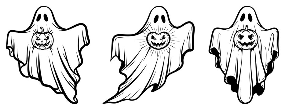 Spooky ghosts with carved jack o lantern pumpkins inside their bodies in detailed engraving style