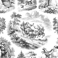 Obraz premium Seamless vector pattern with traditional European Christmas scenes. Vintage engraving or ink drawing style vector illustration. 