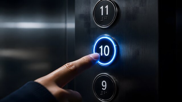 Hand pressing the tenth floor button in a modern elevator
